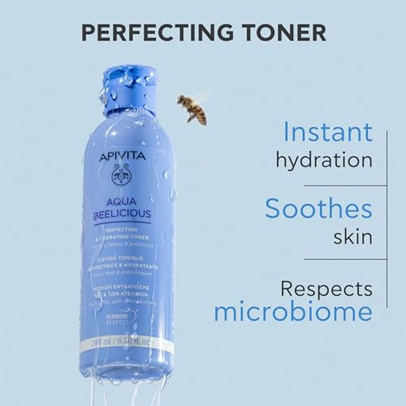 APIVITA Aqua Beelicious Perfecting & Hydrating Toner | Hydrating & Soothing Dewy Toner with Honey, Prebiotics & Flowers, 200 mL / 6.67 oz