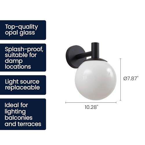 Outdoor Globe Wall Light Fixture - Modern Black Sconce with Opal Glass Shade for Porch, Patio, and Balcony