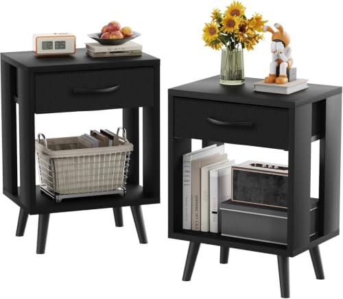 24-inch Nightstands Set of 2 with Fabric Drawers, Black - Modern Bedroom Storage
