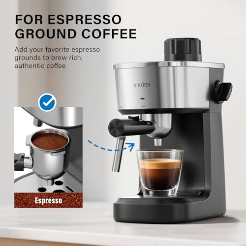 6-Bar Espresso Machine with Milk Frother, Compact Stainless Steel Coffee Maker