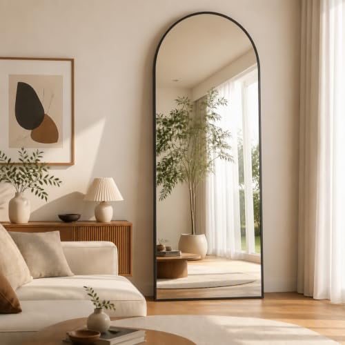Easly 65x24 Black Arched Floor Mirror with Stand - Full-Length Wall Mirror, Aluminum Frame