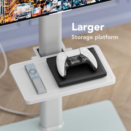 White Floor TV Stand with Power Outlet & Shelf for 27-65 inch TVs, 70° Swivel, 9-Level Height Adjustable