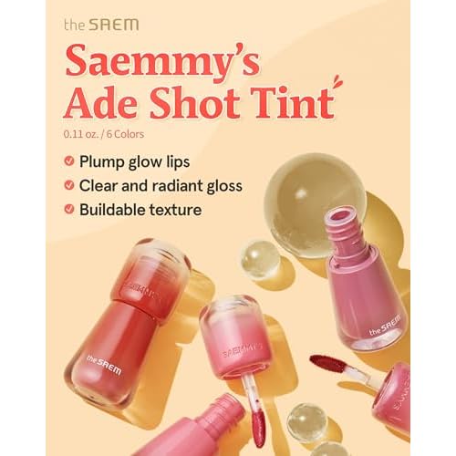 THESAEM Saemmy's Ade Shot Tint 2-Pack Set 0.2 fl.oz. - 02 Peach Oolong & 05 Rose Hibiscus - Korean Lip Tint Bundle Water Gel Stain - Plump Glowy Finish Buildable Radiant Gloss Duo