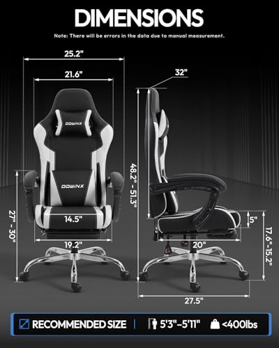 Dowinx White Ergonomic Gaming Chair with Footrest & Massage Lumbar, 150° Recline, 2D Armrests, Headrest Pillow, Supports 330lbs