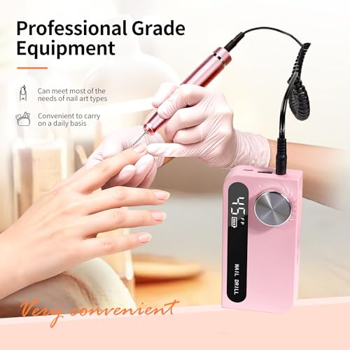 Cordless Electric Nail Drill Professional, Rechargeable Nail File Machine for Acrylic Nails & Gel Polish, Portable Manicure & Salon Nail Kit for Home Use (Pink)