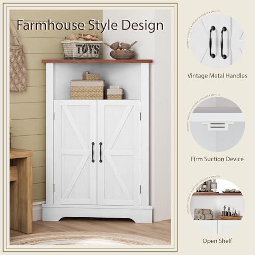Farmhouse Corner Storage Cabinet with Barn Door - White Narrow Organizer