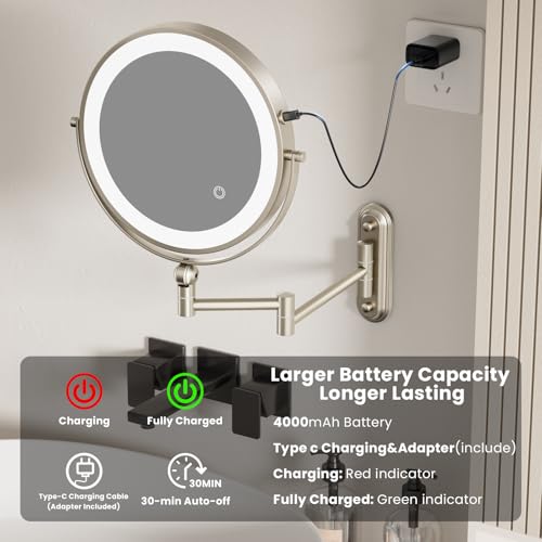 9" Wall Mounted LED Lighted Makeup Vanity Mirror - 4000mAh Rechargeable Double Sided 1X/30X Magnifying Mirror, 3 Color Lights Touch Dimmable, Height Adjustable Extended Arm 360¡Æ Swivel Bathroom Mirror