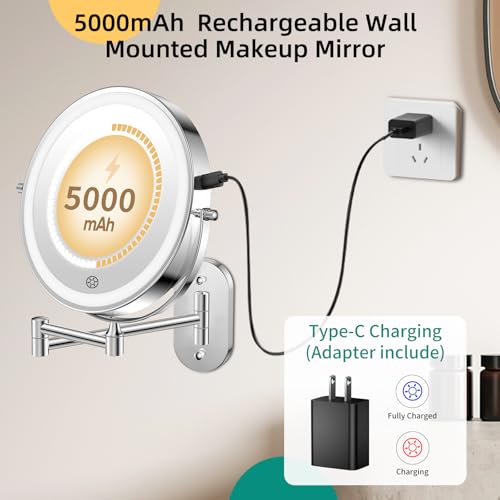 FUNTOUCH 5000mAh Rechargeable Wall-Mounted Makeup Mirror with Light - Polished Chrome