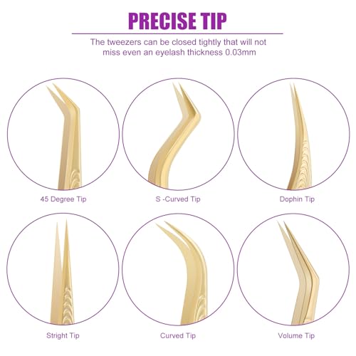 6-Pack Eyelash Tweezers Set for Lash Extensions - Precision Lash Tool Kit