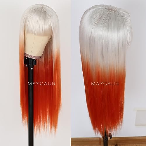 Long Straight Synthetic Wig with Full Bangs - Orange White Ombre, No Lace, Heat Resistant, 22 Inch - Fashion Women