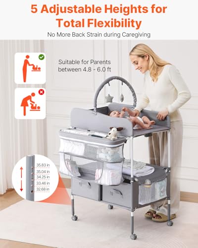 VEVOR Baby Changing Table Foldable Diaper Station with Storage & Adjustable Height - Light Gray