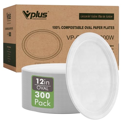 12 Inch Compostable Oval Paper Plates - White, 300 Pack - Eco-Friendly & Heavy Duty