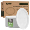 12 Inch Compostable Oval Paper Plates - White, 300 Pack - Eco-Friendly & Heavy Duty