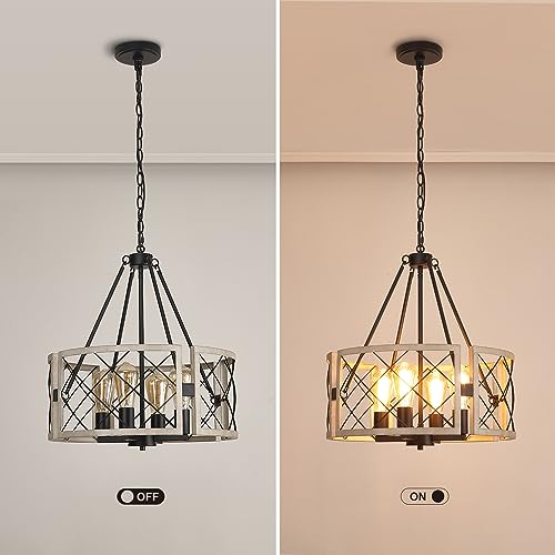 Farmhouse Chandelier 4-Light Pendant Light Fixture with White Oak Finish - Rustic Dining Room Lighting