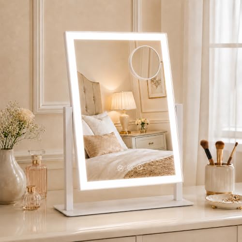 Lighted Makeup Vanity Mirror with Lights - 16x13 White with Three Color Modes and 360° Rotation