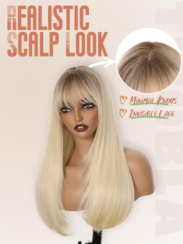 Cool Platinum Blonde Glueless Wig with Bangs | 26 Inch Long Straight