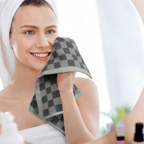 Grey Checkered Super Soft Wash Cloths - 12 Pack Face & Body Towels