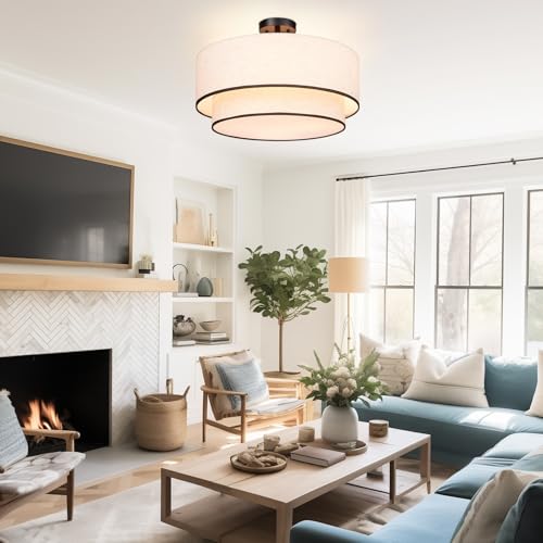 Hamilyeah 20 Inch Beige & Black Double Layer Semi Flush Mount Ceiling Light with 4 Lights