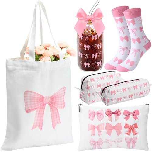 Coquette Gift for Women Bow Preppy Makeup Bag Set Aesthetic Glass Cups with Lids, Canvas Tote Bag Gift Set, Bow Themed Gifts for Woman(Pink)