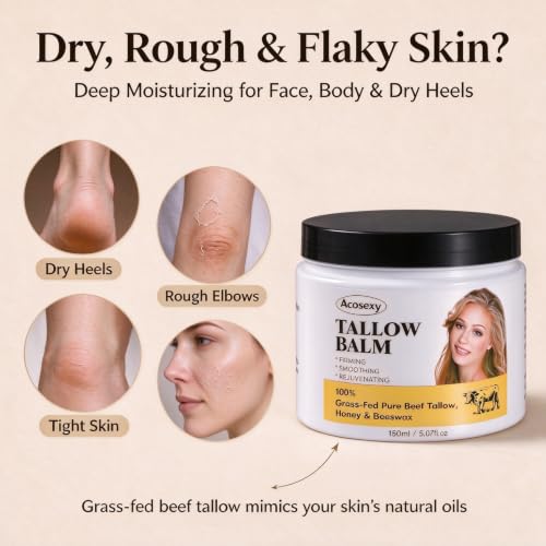 Grass-Fed Beef Tallow & Honey Skin Moisturizer - Deep Hydration Balm, 5.07 Oz