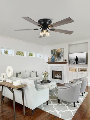Vintage 52 Inch Flush Mount Ceiling Fan with Lights & Remote - Farmhouse Rustic Style
