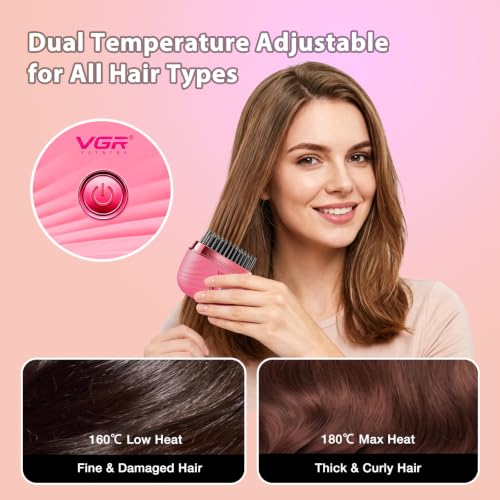 Mini Hair Straightener Comb with 2 Heat Settings - Pink, Portable & Wireless