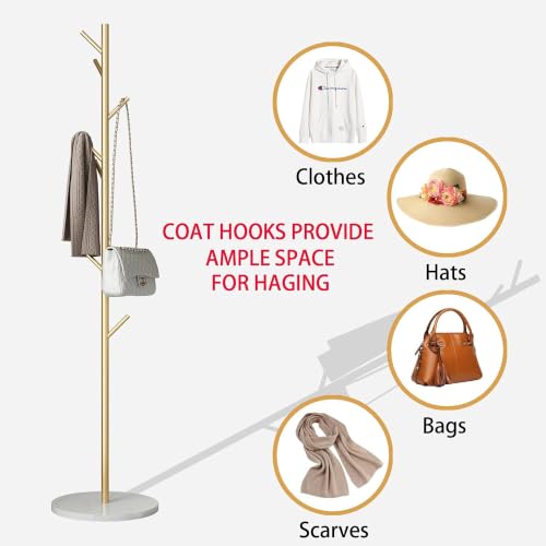 Gold Coat Rack with 8 Hooks - Branch Design, Freestanding Entryway Organizer, Gold-White Variation