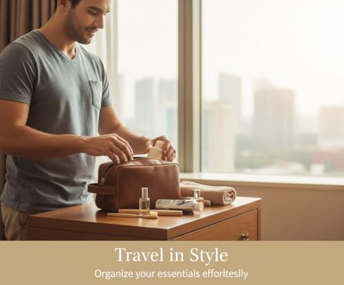Leather Toiletry Bag for Men & Women - Tan Brown Travel Organizer