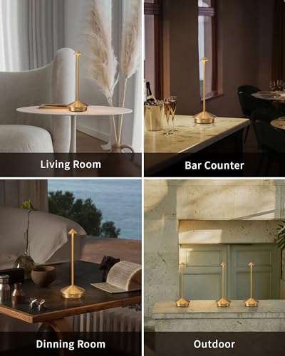 Cordless Gold Table Lamp Set of 2 - Portable LED Desk Lamps for Home & Office