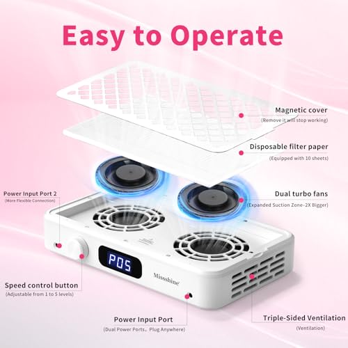 Missshine Nail Dust Collector with Dual Turbines 7000RPM, 5-Speed Nail Fan & Filter Papers