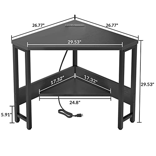 Black Corner Desk with Outlets and USB Ports - Small Space Triangle Table with Storage