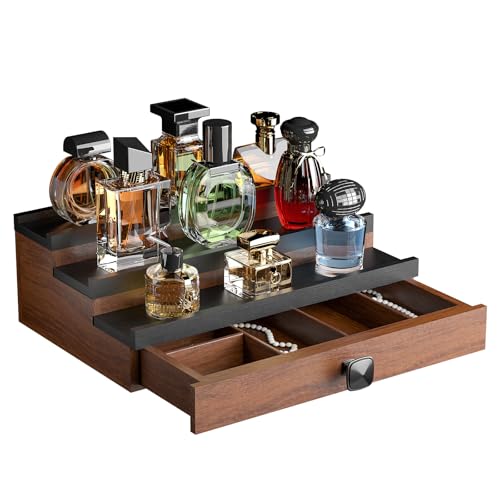 Cologne Organizer for Men: with Drawer, 3 Tier Wooden Cologne Stand Desktop Perfume Display Shelf, Bedroom Dresser Makeup Lotion Jewelry Storage Organizer