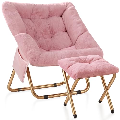 Foldable Faux Fur Lounge Chair - Pink Comfy Saucer Chair for Living Room & Bedroom