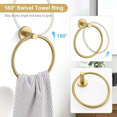 TQKAG Brushed Gold 10-Pieces Bath Hardware Set – SUS304 Stainless Towel Bar 23.6in, Rings, Hooks & Holders