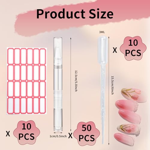 50 Pack 3ml Clear Twist Nail & Lip Oil Applicator Pens with Brush & Labels