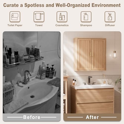 INNOD Wood Wall-Mounted Bathroom Cabinet Over Toilet Storage with Adjustable Shelf (Natural Oak) - Included Doors