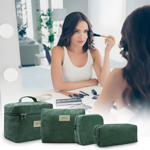 LVWNM Green 4-Piece Corduroy Makeup Bag Set for Women, Travel & Organizer