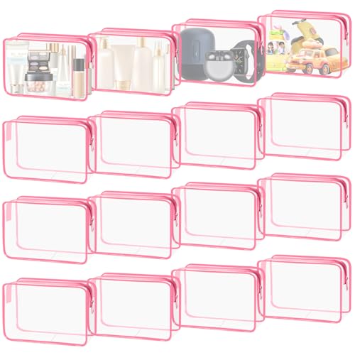 YedsIntu 16-Piece Clear Makeup Bags, Waterproof Toiletry Bags - Pink M (Rose) - TSA Carry-On
