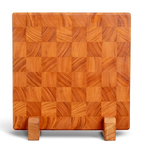 Mahogany End Grain Cutting Board 12.6x12.6in with Holder – Knife-Friendly, Heavy Duty