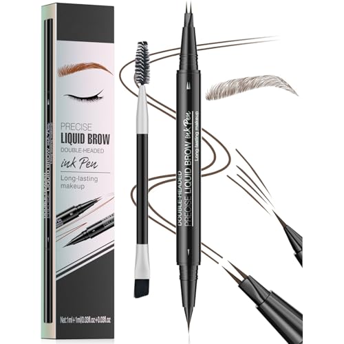 Microblading Eyebrow Pen, 2 in 1 Dual Ended Eyebrow Pencil, Curved Eyebrow Pencil with Micro-Fork-Tip & Precise Brush-Tip, Waterproof and Last All Day for Natural Hair-Like Brows (02#BROWN)