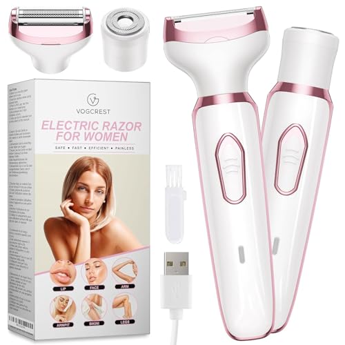 Women’s 2-in-1 Electric Razor & Trimmer Kit - Painless Body & Facial Hair Removal, Rose Gold & White