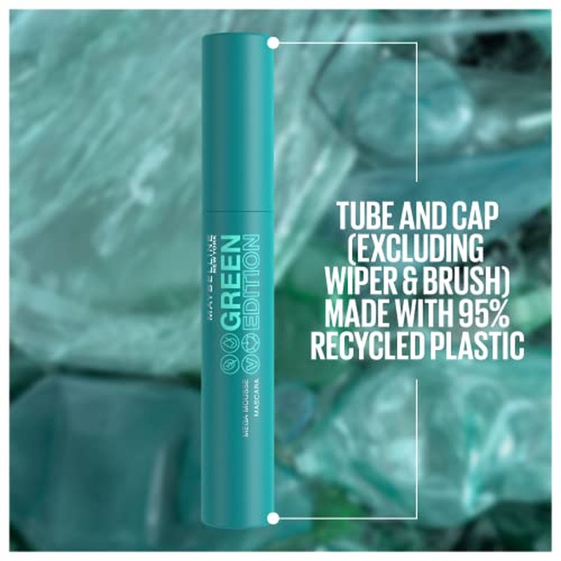 Maybelline Green Edition Mega Mousse Mascara Makeup, Smooth Buildable and Lightweight Volume, Formulated with Shea Butter, Blackest Black, 1 Count