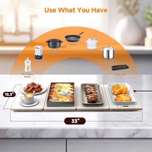 FEPPO 4-in-1 Food Warmers for Parties Buffet - White & Gold Electric Warming Tray with 10 Temp Settings & Timer, 33x15 Inch Glass Surface