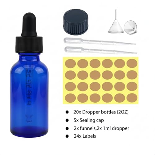 60ml Glass Dropper Bottles Set - Cobalt Blue Cosmetic & Perfume Containers, 20 Pack