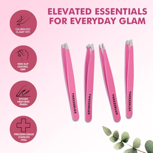 Tweezers Set - Professional Stainless Steel Tweezers for Eyebrows - Great Precision for Facial Hair, Splinter and Ingrown Hair Removal (PINK)