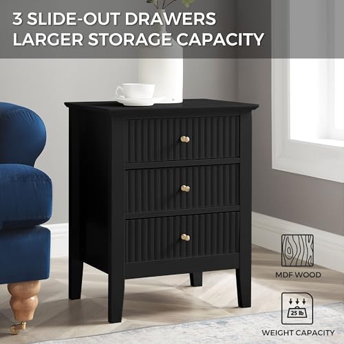 Black Fluted Nightstand 19 Inch with 3 Drawers - Small Living Room Storage - Variation of THIS Listing