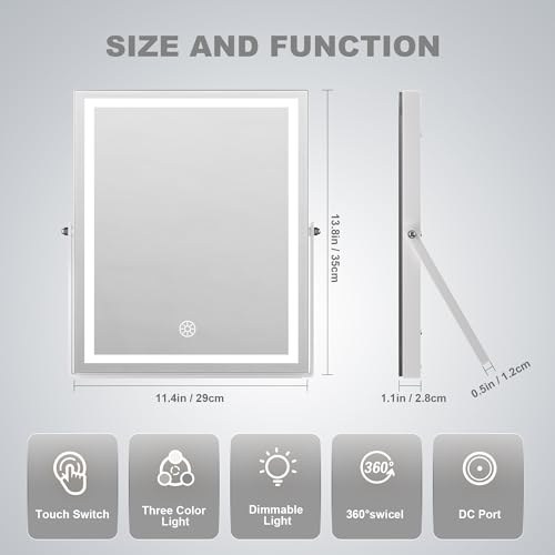 Hasipu Vanity Mirror with Lights, 11.4" x 13.8" LED Makeup Mirror with 10X Magnification, Smart Touch 3 Colors Dimmable, Brightness Adjustment, 360¡Æ Rotation, White