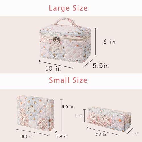 UEKEBOAG 3-Piece Quilted Cotton Makeup Bag Set with Pink Flower Pattern – Travel & Organizing Cosmetic Bags