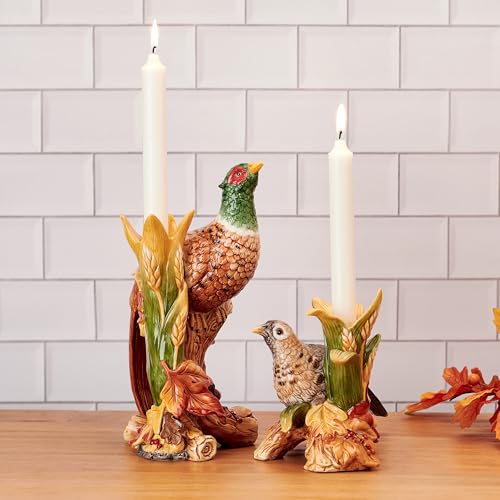 Fall Harvest Pheasant Ceramic Candle Holders Set of 2 - Autumn Decor
