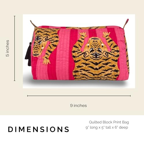 Pink Tiger Block Print Makeup Bag & Toiletry Pouch – Quilted Cotton Travel Organizer for Women
